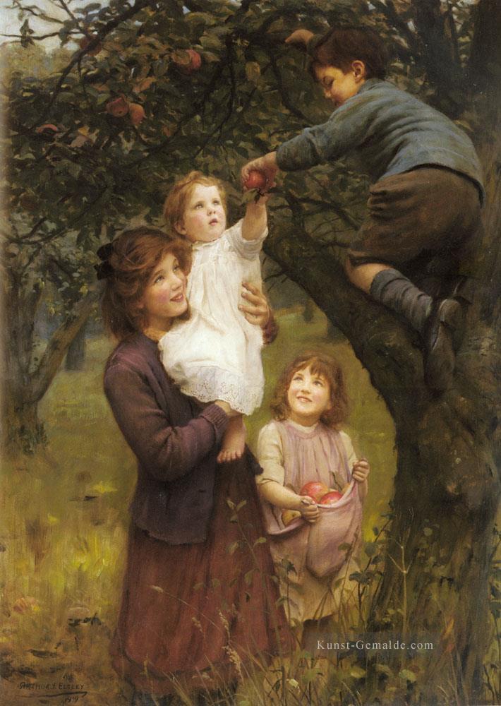 Äpfel Picking Idyllische Kinder Arthur John Elsley Ölgemälde